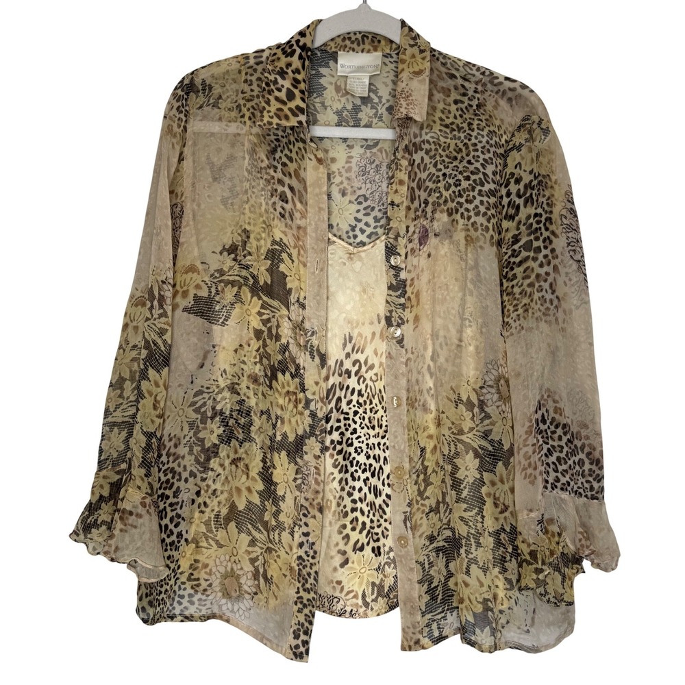 Y2K VTG Worthington Womens XL Tan Brown 100% Silk Mixed Animal Print Cami Set